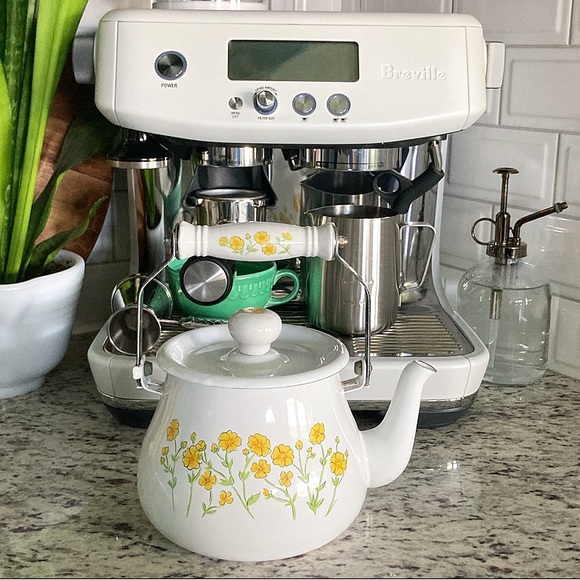 Vintage Other - Vintage Yellow and White Floral Enamel Teapot